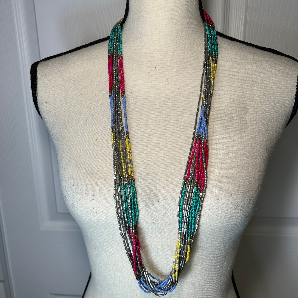 Multicolor‎ Layered Beaded Necklace Silver Bar Toggle Boho Statement